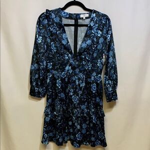 Blue Fit and Flare Dress with Plunge Neckline and Bishop Sleeves